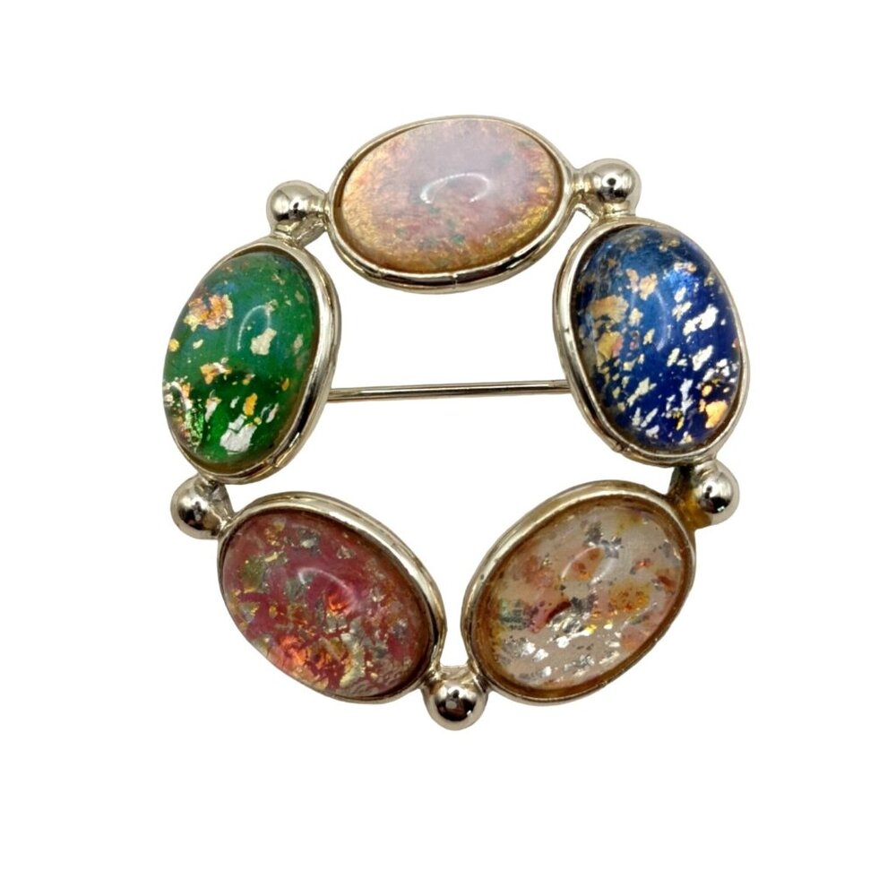 Vtg Confetti Glass Easter Egg Wreath Cabochon Brooch Multicolor 1.5" Gold Tone